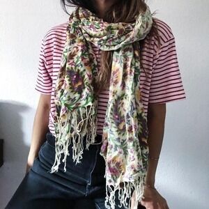 Rectangle Floral Paisley scarf long fringe beige pink  cream headwrap shawl